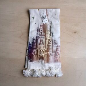 Disney World 50th Anniversary Cinderella Castle Kitchen Towel White Tassels NEW